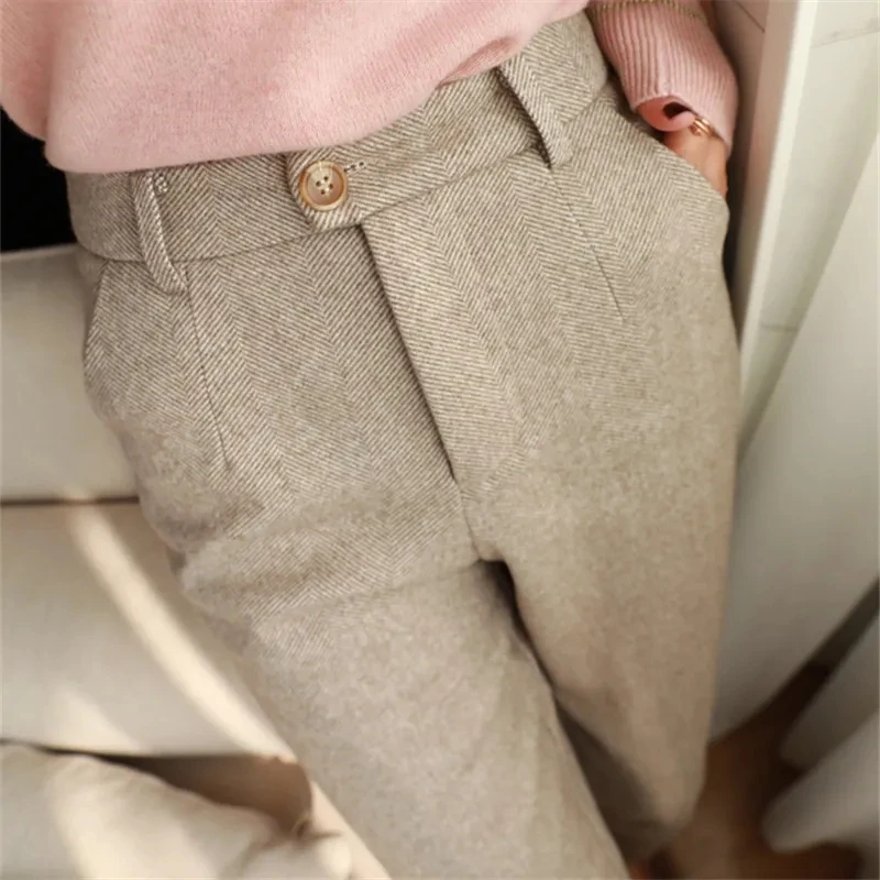 Woolen Pants Women's Harem Pencil Pants 2024 Autumn Winter High Waisted Casual Suit Pants Office Lady Women Trousers - Image 2