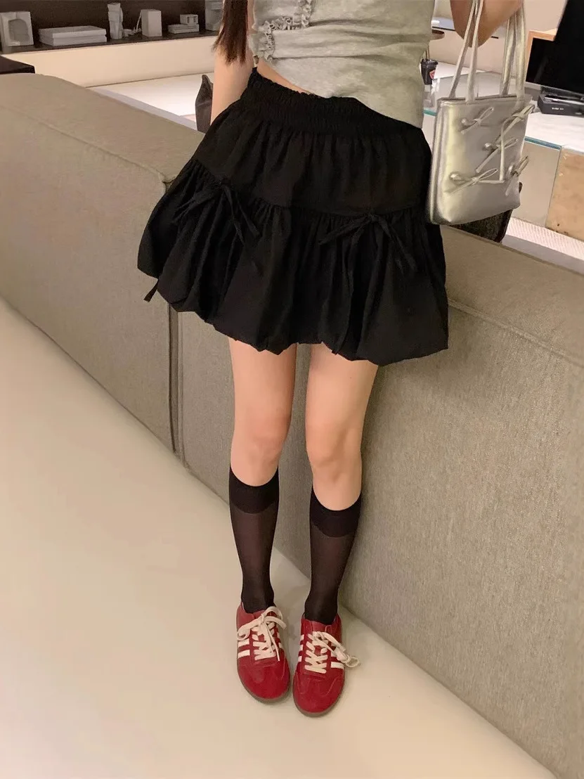 Sweet Knot Puffy A-Line Skirt Women's Summer Polyester Fiber High Waist Flower Bud Skirt Casual Sle - Image 3