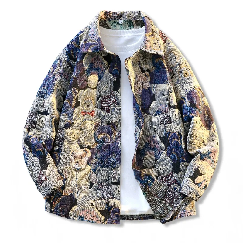 Bear Pattern Full Print Jacket 2025 Men's Baseball Jacket Vintage Embroidery Pattern Jackets Coat Loose Unisex Couple Clothing - Image 5