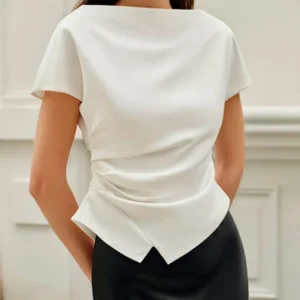 Bonboho Women's Fashion Solid Color Short Sleeve Top Asymmetric Hem Slim Fit T-shirt 2025 Summer Elegant Raglan Sleeve Tees