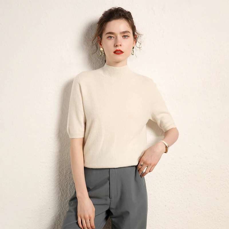 100% cashmere women's sweater short sleeved knitted half high collar five quarter sleeve fashionable hot selling women's T-shirt - Image 2