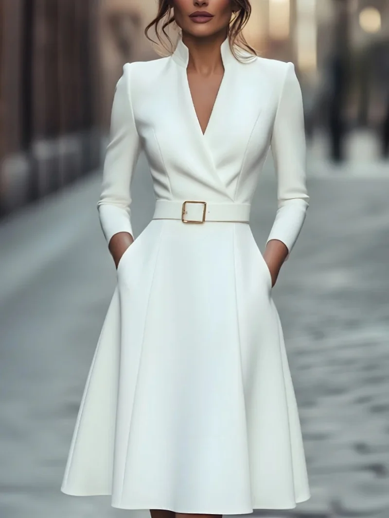 Women's Autumn Winter V-Neck Long Sleeve A-Line Skirt Slimming Waist Belted Medium-Length Commuter Fashion - Image 2