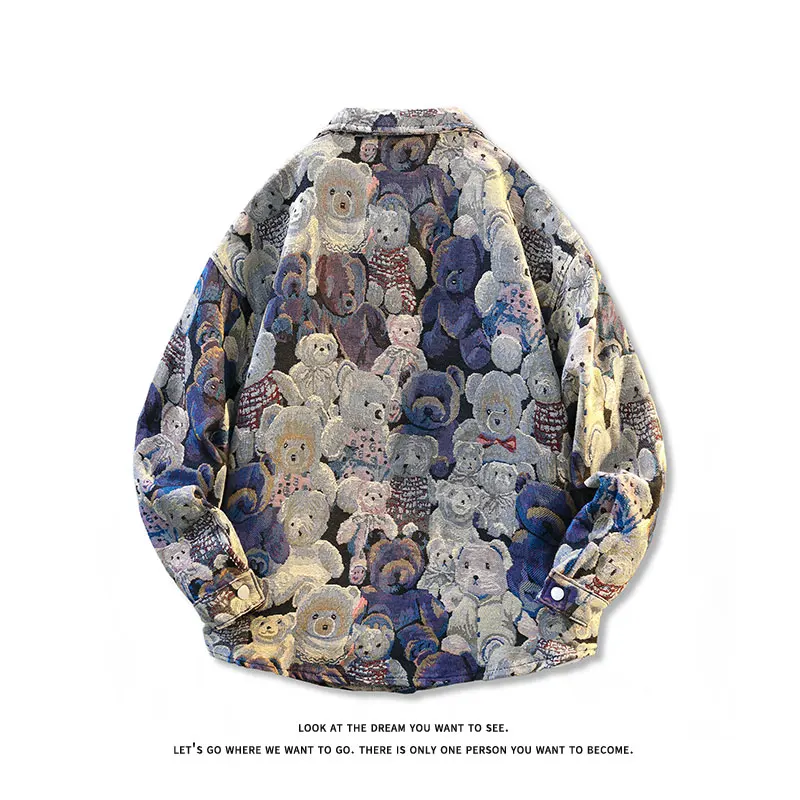 Bear Pattern Full Print Jacket 2025 Men's Baseball Jacket Vintage Embroidery Pattern Jackets Coat Loose Unisex Couple Clothing - Image 3