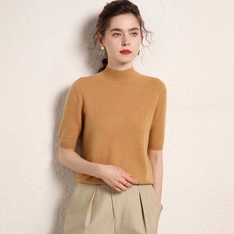 100% cashmere women's sweater short sleeved knitted half high collar five quarter sleeve fashionable hot selling women's T-shirt - Image 6