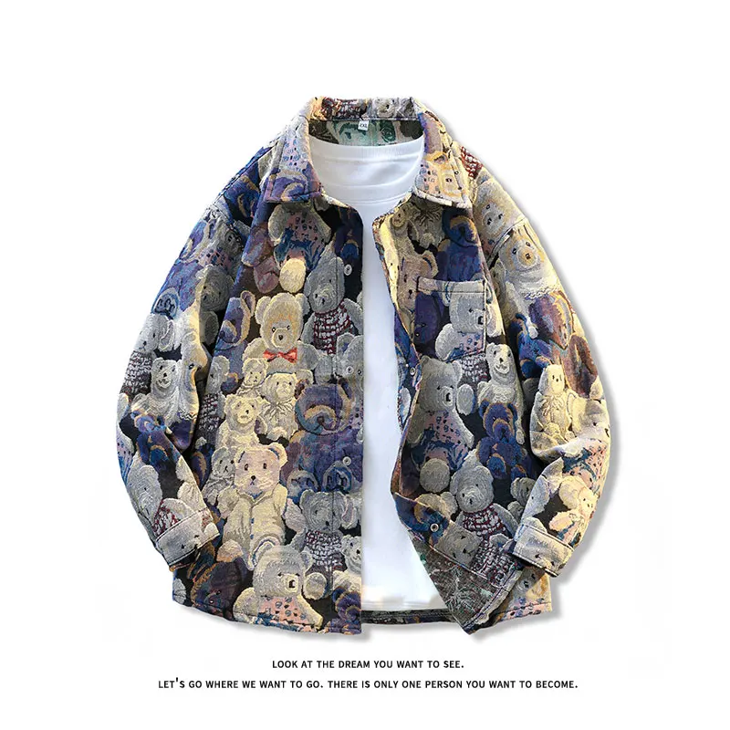 Bear Pattern Full Print Jacket 2025 Men's Baseball Jacket Vintage Embroidery Pattern Jackets Coat Loose Unisex Couple Clothing