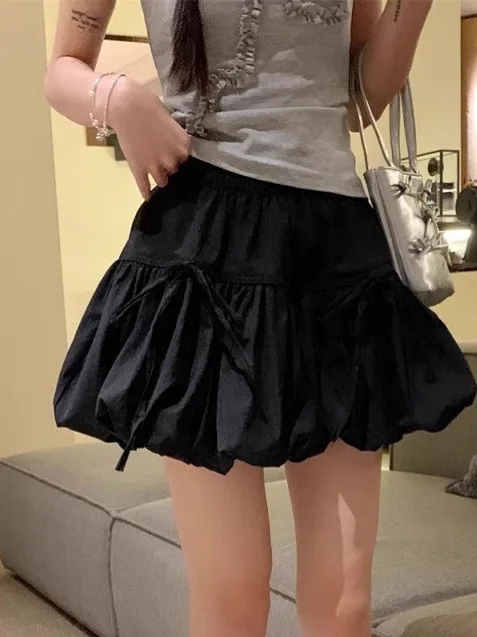 Sweet Knot Puffy A-Line Skirt Women's Summer Polyester Fiber High Waist Flower Bud Skirt Casual Sle - Image 4