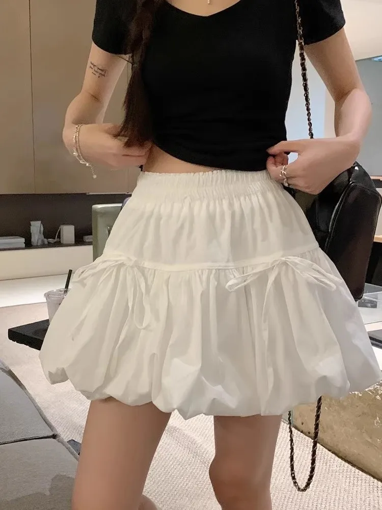 Sweet Knot Puffy A-Line Skirt Women's Summer Polyester Fiber High Waist Flower Bud Skirt Casual Sle