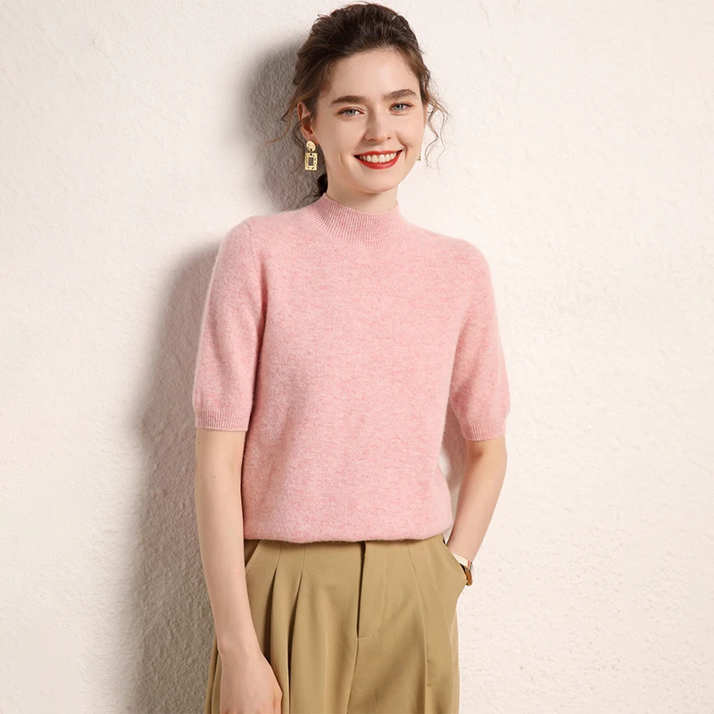 100% cashmere women's sweater short sleeved knitted half high collar five quarter sleeve fashionable hot selling women's T-shirt - Image 5