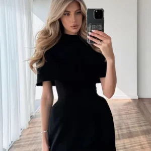 Solid Shawl A-line Dress Women Elegant Round Neck Waist Cinching Slim Short Mini Dresses 2026 Lady Daily Party Evening Vestido