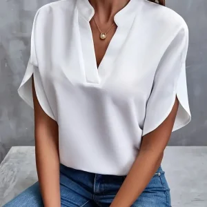 VEITCHE Summer Women Casual Solid Blouse Women Fashion V-neck Half Sleeve Shirts Office Elegant Pullover Loose Blusas Tops