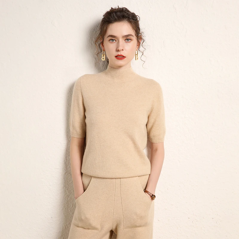 100% cashmere women's sweater short sleeved knitted half high collar five quarter sleeve fashionable hot selling women's T-shirt - Image 4