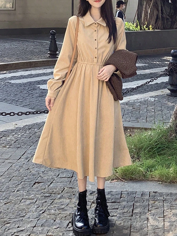 New In Dresses Girl Preppy Style Shirt Dress Solid Long Dresses With Sleeves Elegant Women's Dresses 2025 Woman Clothing