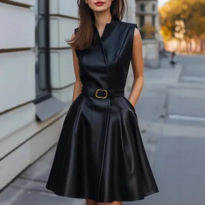 PU Leather Dresses for Women V-Neck Solid Color Mini Dress Women Sleeveless Elegant A-Line Dress Streetwear Top With Belt