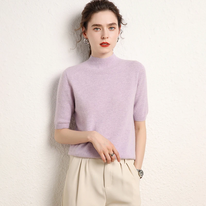 100% cashmere women's sweater short sleeved knitted half high collar five quarter sleeve fashionable hot selling women's T-shirt - Image 3