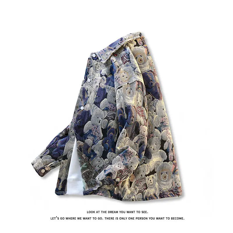 Bear Pattern Full Print Jacket 2025 Men's Baseball Jacket Vintage Embroidery Pattern Jackets Coat Loose Unisex Couple Clothing - Image 2