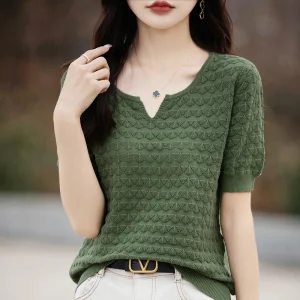 Women's T-shirt Summer New 100% Pure Cotton Tees Casual Solid Knitted Short sleeved V-neck Pullover Loose Tops Fashion Sweater