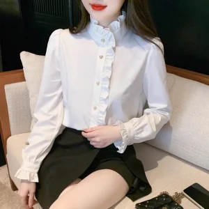 1pcs Woman Spring Autumn French Style Elegant Shirts Lady Fashion White Shirt Female Casual Long Sleeve Half High Collar Tops