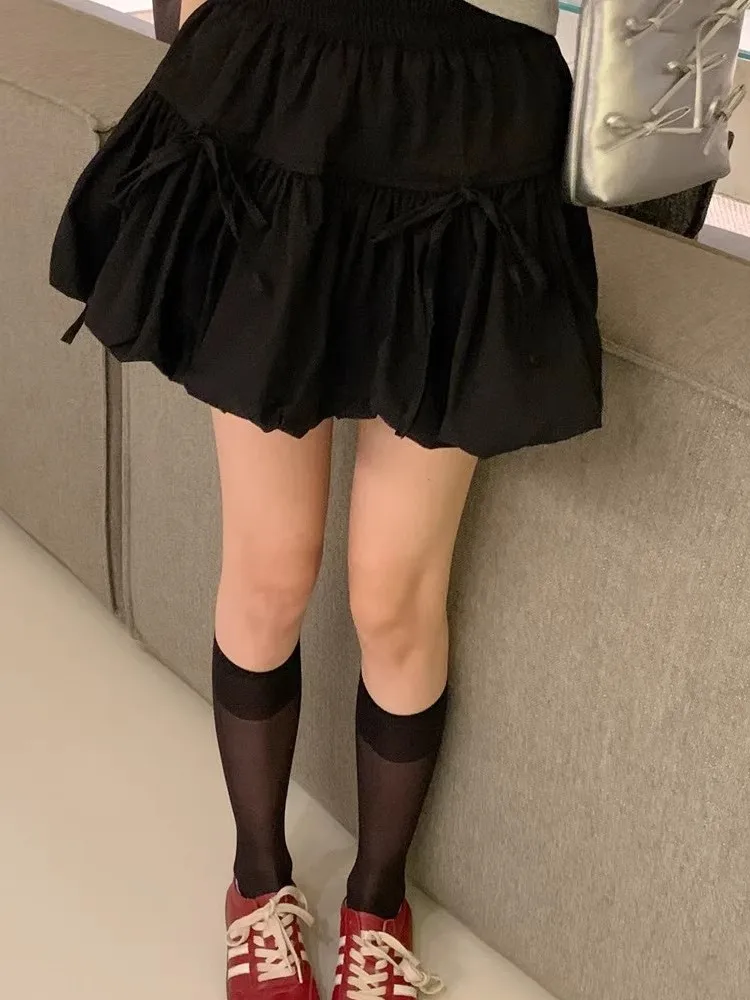 Sweet Knot Puffy A-Line Skirt Women's Summer Polyester Fiber High Waist Flower Bud Skirt Casual Sle - Image 2